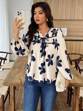 بلوزة كاجوال طويلة الأكمام مطبوعة مع ربطة أمامية، أسلوب بسيط، مناسبة لعيد الحب، موسم الزفاف، رأس السنة، الزفاف والمناسبات، الخروج، العطلات، الشاطئ، عطلة الربيع