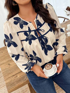 بلوزة كاجوال طويلة الأكمام مطبوعة مع ربطة أمامية، أسلوب بسيط، مناسبة لعيد الحب، موسم الزفاف، رأس السنة، الزفاف والمناسبات، الخروج، العطلات، الشاطئ، عطلة الربيع