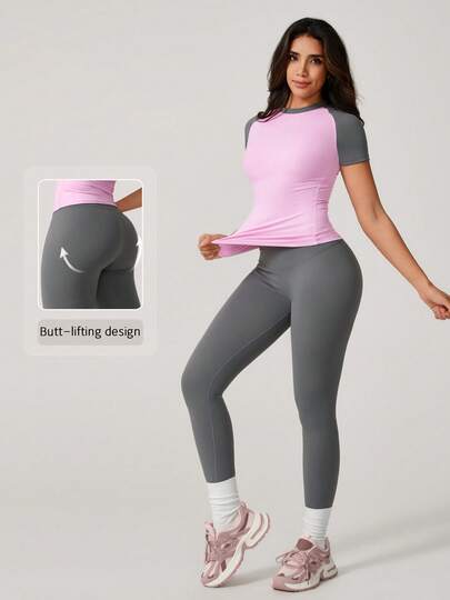 NcmRyu طقم رياضي للنساء بتصميم بسيط وألوان متباينة، بأكمام قصيرة وطقم بنطلون، مناسب للصيف