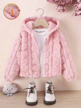 SHEIN Genkimix Kids معطف كاجوال مبطن للفتيات الصغيرات، وردي، أمامي بسحاب، بنمط قلب، كارديجان مقنع للخريف/الشتاء