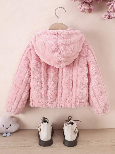 SHEIN Genkimix Kids معطف كاجوال مبطن للفتيات الصغيرات، وردي، أمامي بسحاب، بنمط قلب، كارديجان مقنع للخريف/الشتاء