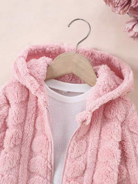 SHEIN Genkimix Kids معطف كاجوال مبطن للفتيات الصغيرات، وردي، أمامي بسحاب، بنمط قلب، كارديجان مقنع للخريف/الشتاء