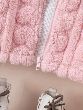 SHEIN Genkimix Kids معطف كاجوال مبطن للفتيات الصغيرات، وردي، أمامي بسحاب، بنمط قلب، كارديجان مقنع للخريف/الشتاء