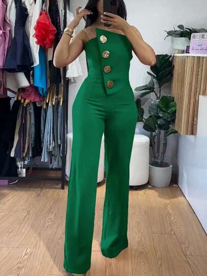 ChicMe جمبسوت قصيرة بدون أشرطة غير متماثلة مزينة بأزرار معدنية، كاجوال للصيف