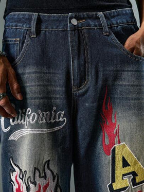 ROMWE MEN Grunge Punk بنطلون جينز رجالي مستقيم وفضفاض مطرز بجيوب، ملابس شارع عصرية