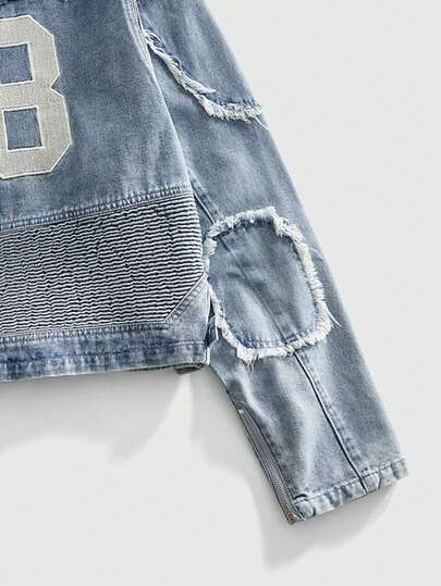 ROMWE MEN Street Life جاكيت جينز كاجوال مغسول للرجال مع أرقام مطرزة، خريف