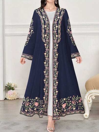 SHEIN Najma رمضان عباية عربية كاجوال طويلة الأكمام مطبوعة رقميًا بنقوش الزهور والنباتات، للربيع والخريف