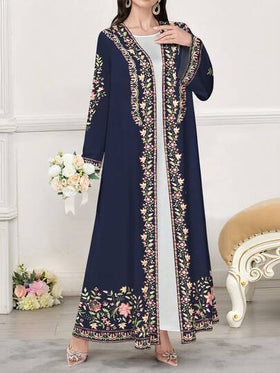 SHEIN Najma رمضان عباية عربية كاجوال طويلة الأكمام مطبوعة رقميًا بنقوش الزهور والنباتات، للربيع والخريف