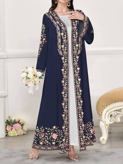 SHEIN Najma رمضان عباية عربية كاجوال طويلة الأكمام مطبوعة رقميًا بنقوش الزهور والنباتات، للربيع والخريف