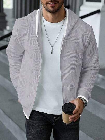 Manfinity CasualCool بلوفر رجالي بسحاب وكابوشون أكمام طويلة ذو لون أحادي من قماش ذو ملمس، بلوفر رجالي بسحاب، بلوفر رجالي رمادي بسحاب وكابوشون، بلوفر رجالي رسمي بسحاب، بلوفر وكابوشون رجالي كاجوال