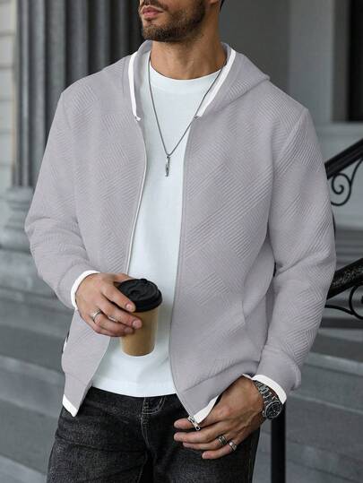 Manfinity CasualCool بلوفر رجالي بسحاب وكابوشون أكمام طويلة ذو لون أحادي من قماش ذو ملمس، بلوفر رجالي بسحاب، بلوفر رجالي رمادي بسحاب وكابوشون، بلوفر رجالي رسمي بسحاب، بلوفر وكابوشون رجالي كاجوال