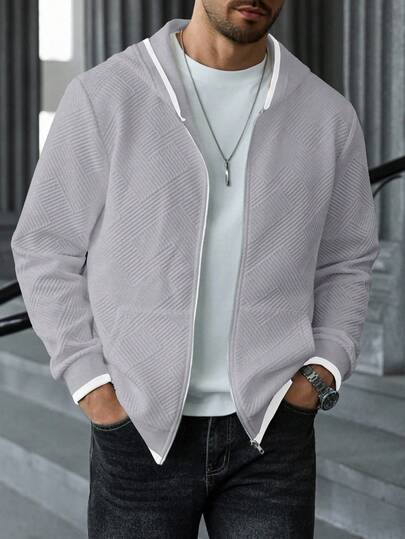 Manfinity CasualCool بلوفر رجالي بسحاب وكابوشون أكمام طويلة ذو لون أحادي من قماش ذو ملمس، بلوفر رجالي بسحاب، بلوفر رجالي رمادي بسحاب وكابوشون، بلوفر رجالي رسمي بسحاب، بلوفر وكابوشون رجالي كاجوال
