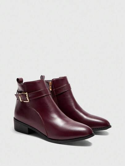 CUCCOO BIZCHIC نمط جديد من بوت الكاحل المسطحة للنساء بتصميم أوروبي وأمريكي بسماكة الكعب والنعل، بوت الكاحل النصف الحمراية الداكنة الطراز الرجعي