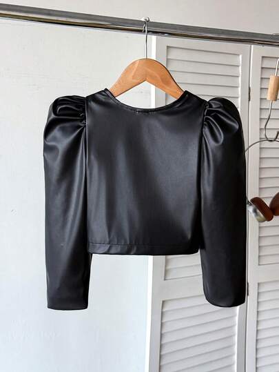 SHEIN جاكيت قصيرة مزودة بسحاب للفتيات الصغيرات، بياقة دائرية وأكمام راجلان، بلون أحادي عصري