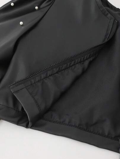 SHEIN جاكيت قصيرة مزودة بسحاب للفتيات الصغيرات، بياقة دائرية وأكمام راجلان، بلون أحادي عصري