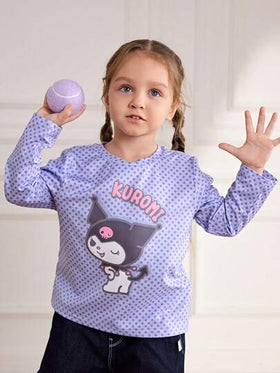 HELLO KITTY AND FRIENDS | SHEIN بلوزة تي شيرت بياقة دائرية وأكمام طويلة مزينة بنقاط وطبعات كرتونية للفتيات الصغيرات