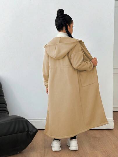 SHEIN Sparklyn معطف كاجوال طويل مع قلنسوة للفتيات المراهقات، قابل للاستخدام في المنزل والمدرسة والرياضة، بخصر مربوط، مناسب للخريف والشتاء