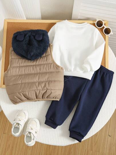 SHEIN 3 قطع/طقم ملابس طفل ولد/بنت بنمط كرتوني جميل من البلوفر الفليس، البنطلون والجاكيت، مناسب للخارج والرياضة والتزلج في فصلي الخريف والشتاء