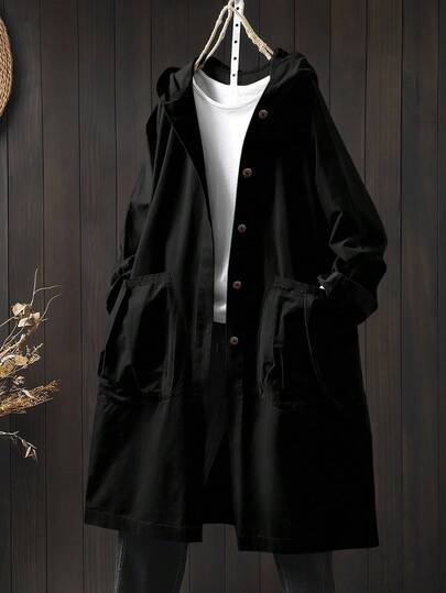 SHEIN LUNE معطف كاجوال طويل مقنع مع جيوب كبيرة للمقاسات الكبيرة