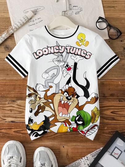LOONEY TUNES X SHEIN قميص صيفي كاجوال للأولاد المراهقين مزين بطباعة الحروف والحيوانات الكرتونية وتصميم مرقع مع شريط مخطط