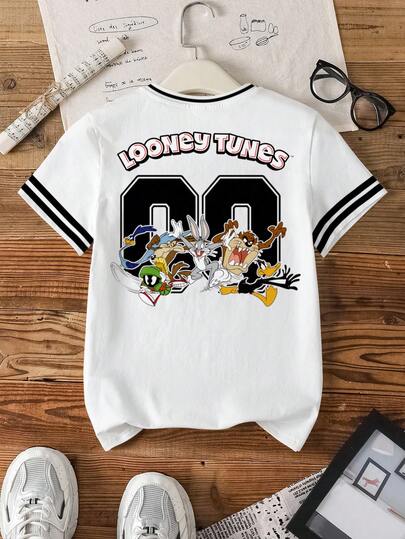 LOONEY TUNES X SHEIN قميص صيفي كاجوال للأولاد المراهقين مزين بطباعة الحروف والحيوانات الكرتونية وتصميم مرقع مع شريط مخطط
