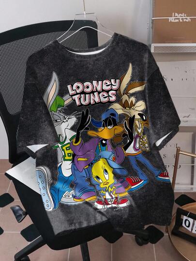 LOONEY TUNES X SHEIN تي شيرت رجالي كاجوال بطبعات حرفية وكرتونية بياقة دائرية وأكمام قصيرة، صيفي