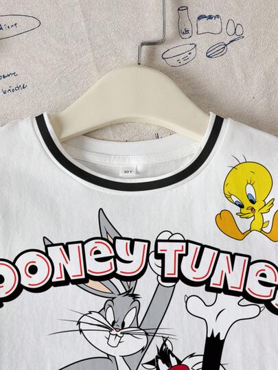 LOONEY TUNES X SHEIN قميص صيفي كاجوال للأولاد المراهقين مزين بطباعة الحروف والحيوانات الكرتونية وتصميم مرقع مع شريط مخطط