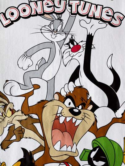LOONEY TUNES X SHEIN قميص صيفي كاجوال للأولاد المراهقين مزين بطباعة الحروف والحيوانات الكرتونية وتصميم مرقع مع شريط مخطط