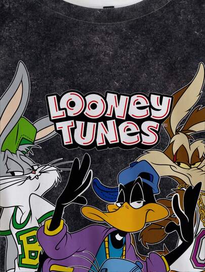 LOONEY TUNES X SHEIN تي شيرت رجالي كاجوال بطبعات حرفية وكرتونية بياقة دائرية وأكمام قصيرة، صيفي