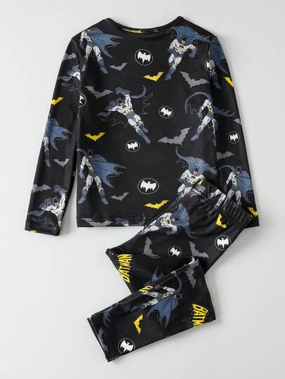 BATMAN X SHEIN 85th طقم بيجاما مكون من ملابس علوية كم طويل بطباعة كرتونية شاملة وبنطلون ليجنز للأولاد الصغار