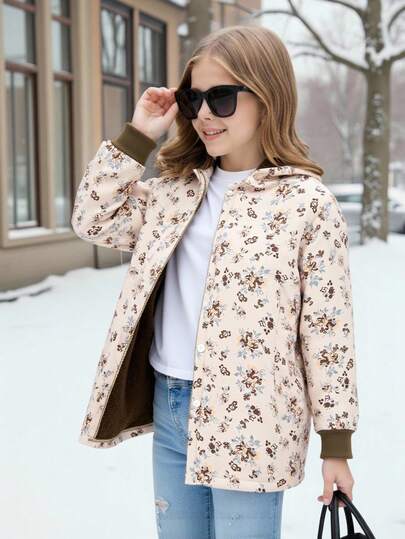 SHEIN Vintaside Kids معطف أنثوي متوسط الطول مبطن بالفرو مزخرف بنقوش زهرية عتيقة، خريف/شتاء