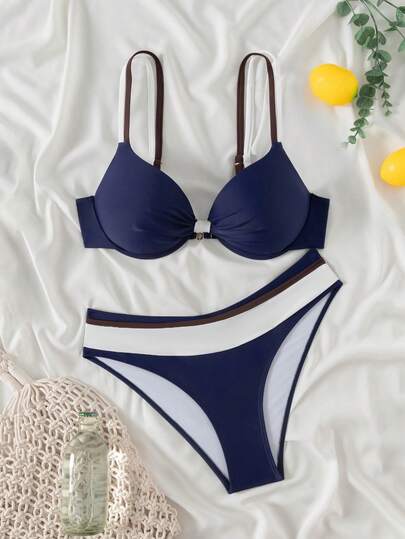 Swim Vcay مجموعة بكيني نساء 2 قطعة/طقم، إجازة صيفية على الشاطئ، أزياء لون أحادي، دعم رفع لأعلى ومبطن