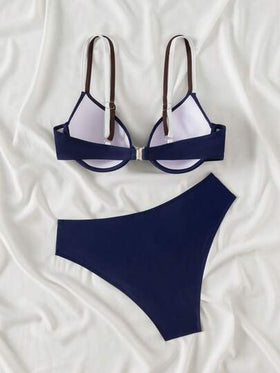 Swim Vcay مجموعة بكيني نساء 2 قطعة/طقم، إجازة صيفية على الشاطئ، أزياء لون أحادي، دعم رفع لأعلى ومبطن