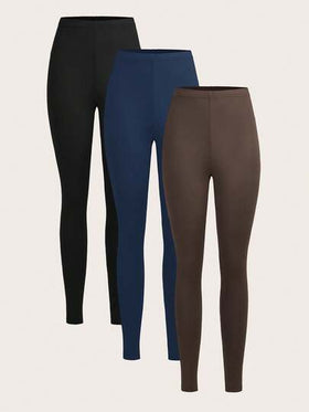 SHEIN EZwear 3 قطع من السراويل الضيقة المرنة ذات اللون الأحادي، مناسبة للخروجات اليومية في الربيع والخريف