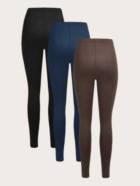 SHEIN EZwear 3 قطع من السراويل الضيقة المرنة ذات اللون الأحادي، مناسبة للخروجات اليومية في الربيع والخريف