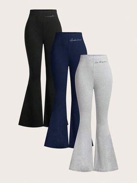 SHEIN EZwear 3 قطع مجموعة بوديسوت نسائية ذات خصر عالي وبنطال ضيق مطرز بطباعة إنجليزية جريئة، مناسبة للربيع والصيف والخريف