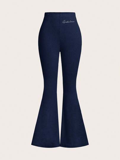 SHEIN EZwear 3 قطع مجموعة بوديسوت نسائية ذات خصر عالي وبنطال ضيق مطرز بطباعة إنجليزية جريئة، مناسبة للربيع والصيف والخريف