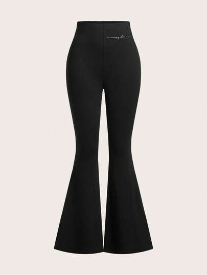SHEIN EZwear 3 قطع مجموعة بوديسوت نسائية ذات خصر عالي وبنطال ضيق مطرز بطباعة إنجليزية جريئة، مناسبة للربيع والصيف والخريف