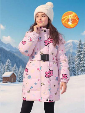 SHEIN معطف مبطن متوسط الطول مزين بالأزهار الكرتونية الجميلة مع حزام للبنات، جديد للشتاء
