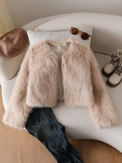 SHEIN Sparklyn 1 قطعة جاكيت فرو مزدوج الطبقة أنيق وقصير وناعم للفتيات المراهقات، بأكمام طويلة، لون المشمش، مريح للارتداء في الخريف/الشتاء، للاستخدام الداخلي والخارجي، للأزياء اليومية والسفر والحفلات، ملابس خارجية متعددة الاستخدامات