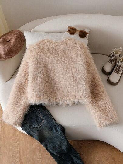 SHEIN Sparklyn 1 قطعة جاكيت فرو مزدوج الطبقة أنيق وقصير وناعم للفتيات المراهقات، بأكمام طويلة، لون المشمش، مريح للارتداء في الخريف/الشتاء، للاستخدام الداخلي والخارجي، للأزياء اليومية والسفر والحفلات، ملابس خارجية متعددة الاستخدامات