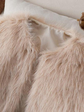 SHEIN Sparklyn 1 قطعة جاكيت فرو مزدوج الطبقة أنيق وقصير وناعم للفتيات المراهقات، بأكمام طويلة، لون المشمش، مريح للارتداء في الخريف/الشتاء، للاستخدام الداخلي والخارجي، للأزياء اليومية والسفر والحفلات، ملابس خارجية متعددة الاستخدامات