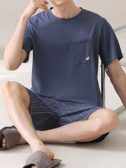 AICJ ملابس نوم] طقم رجالي مكون من 2 قطعة، قميص كاجوال بأكمام قصيرة وشورت مربع، لون أحادي فضفاض بسيط للارتداء خارج المنزل، مناسب للربيع والصيف