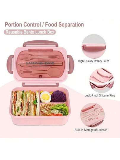 1200ml Deluxe Bento Box - 3 Compartment Leak-Proof Lunch Container With Cutlery | Microwave & For Work, School & Outdoor Dining | Includes Tableware For Picnics & Camping