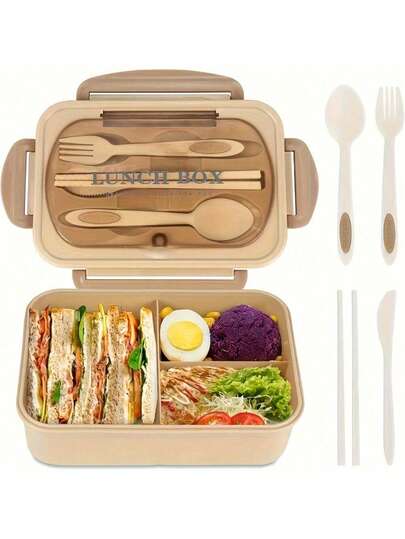 1200ml Deluxe Bento Box - 3 Compartment Leak-Proof Lunch Container With Cutlery | Microwave & For Work, School & Outdoor Dining | Includes Tableware For Picnics & Camping