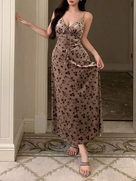 DAZY ثوب نوم طويل نسائي ذو تصميم رشيق مصنوع من قطع مخملية ودانتيل بطبعات زهرية جذابة وعتيقة رمضان