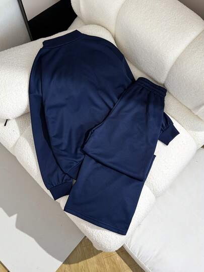 SHEIN مجموعة ملابس كاجوال للبنات، بلوزة بياقة مزيفة وسحاب طويلة الأكمام مع بناطيل رياضية واسعة وفضفاضة، مجموعة بناطيل رياضية للارتداء اليومي والتمارين الرياضية