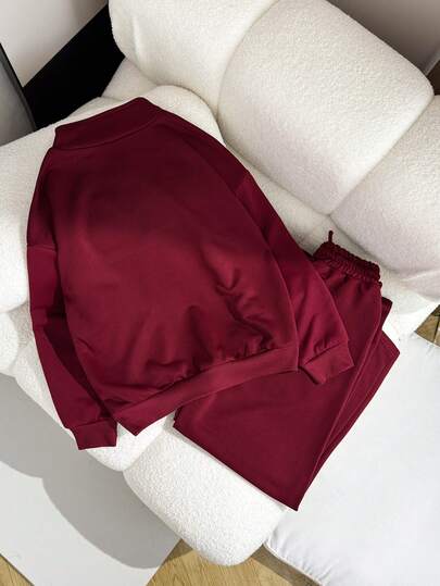 SHEIN مجموعة ملابس بنات 2 قطعة، بلوزة بياقة مزيّنة وسحّاب طويلة الأكمام مع بناطيل رياضية واسعة الساق، مناسبة للارتداء اليومي والتمارين الرياضية