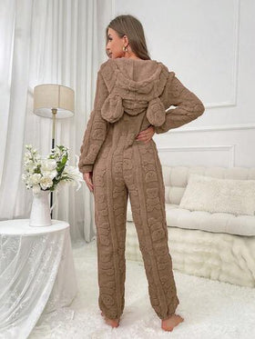 SHEIN جمبسوت نسائية دافئة من الفليس مزودة بسحاب، بيجامات ناعمة ودافئة للشتاء