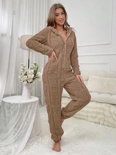 SHEIN جمبسوت نسائية دافئة من الفليس مزودة بسحاب، بيجامات ناعمة ودافئة للشتاء